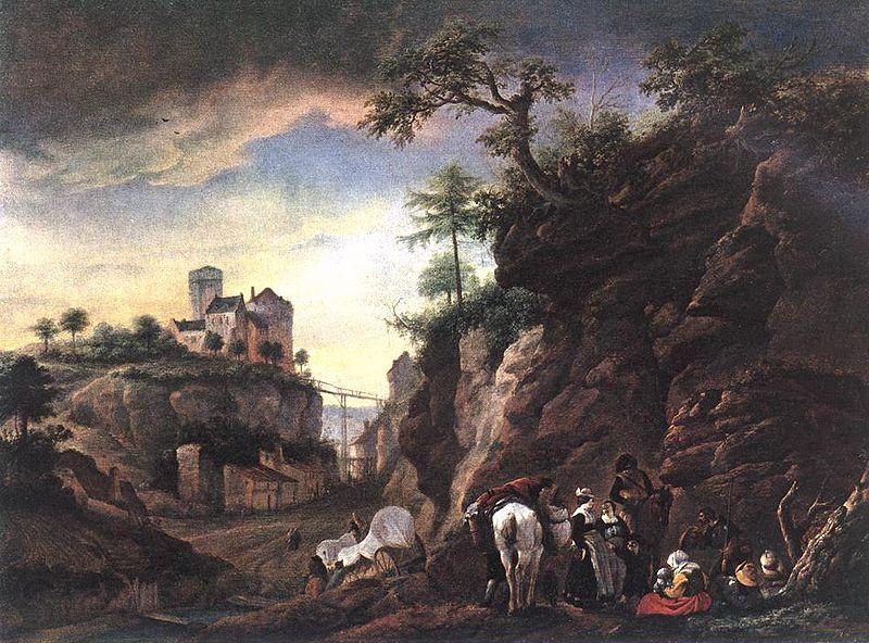 Philips Wouwerman Rocky Landscape with resting Travellers